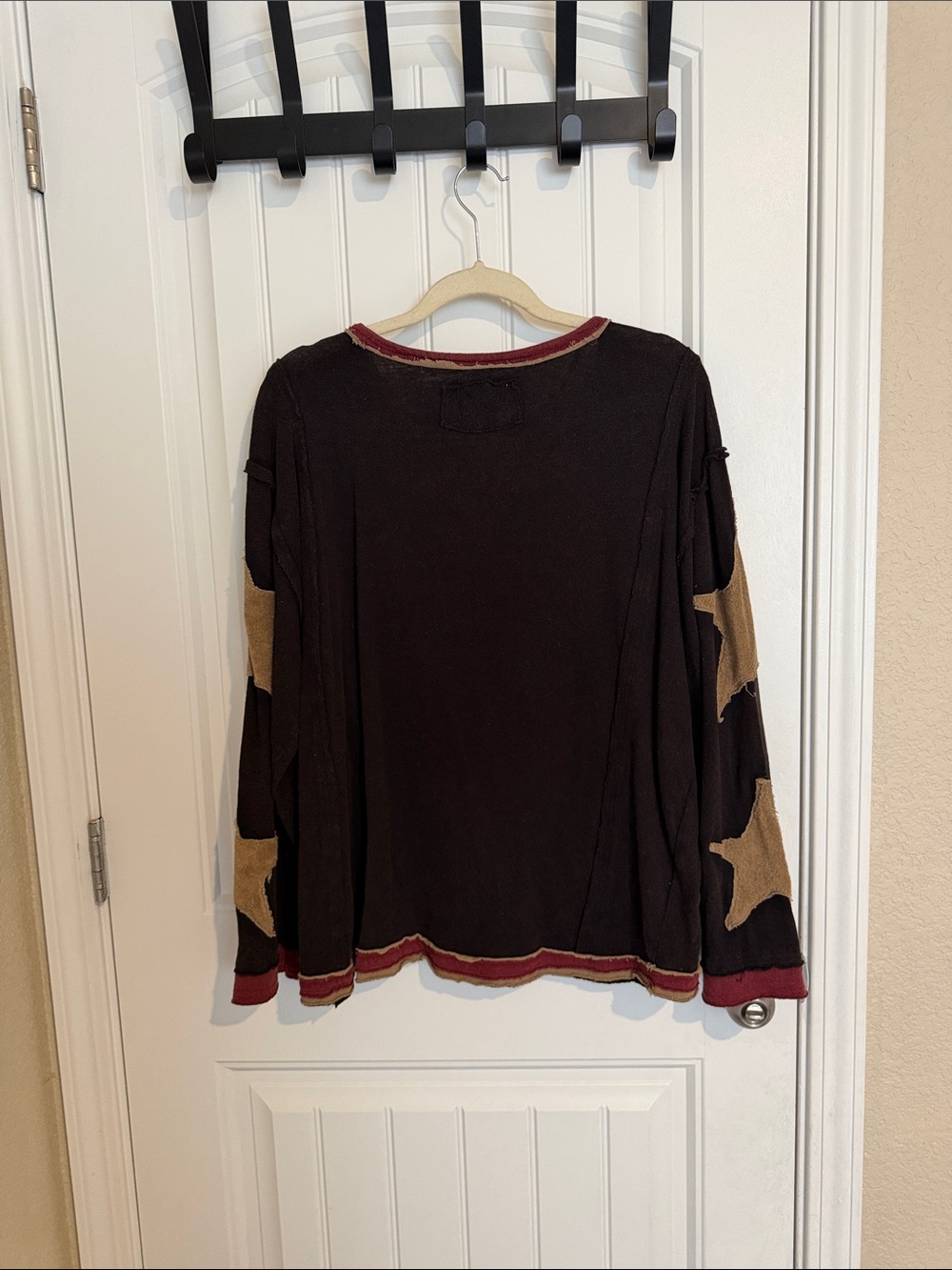 We The Free Black Long Sleeve Top with Red Trim and Tan Elbow Patches - Picture 2 of 4